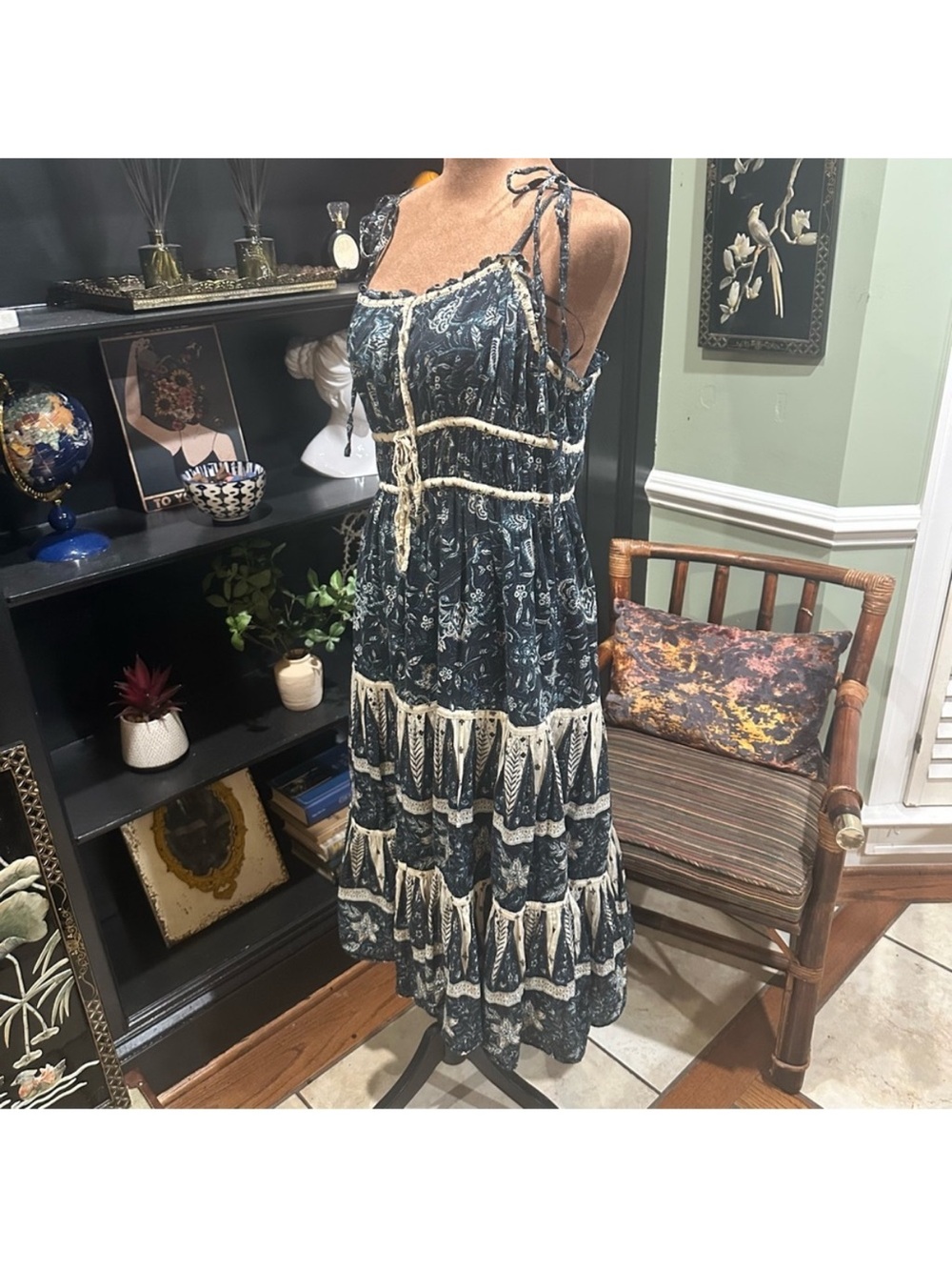 Christian Lacroix Bohemian Navy and Cream Tiered Midi Dress with Tie Details - Picture 8 of 11